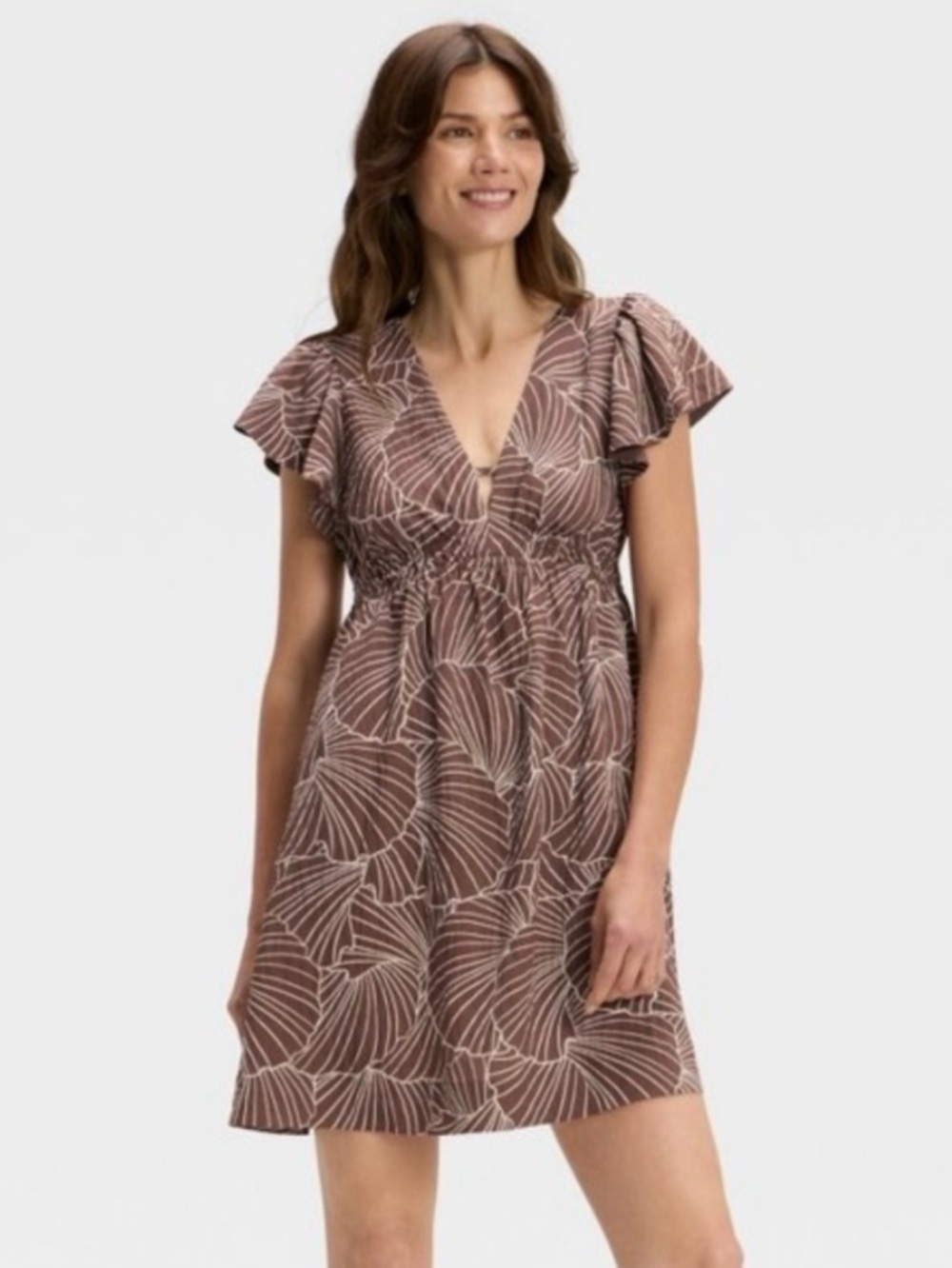 A New Day Brown Leaf Print Mini Dress Small Flutter Sleeve V-Neck